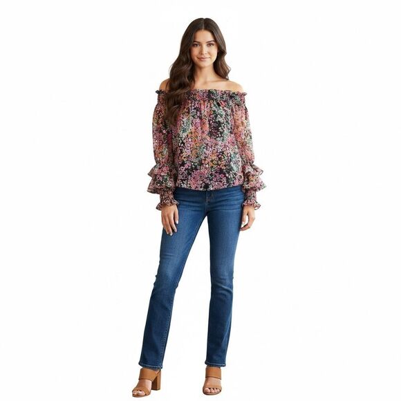 CeCe Tops - CeCe Off-shoulder Black Floral Print with smocking and ruffles